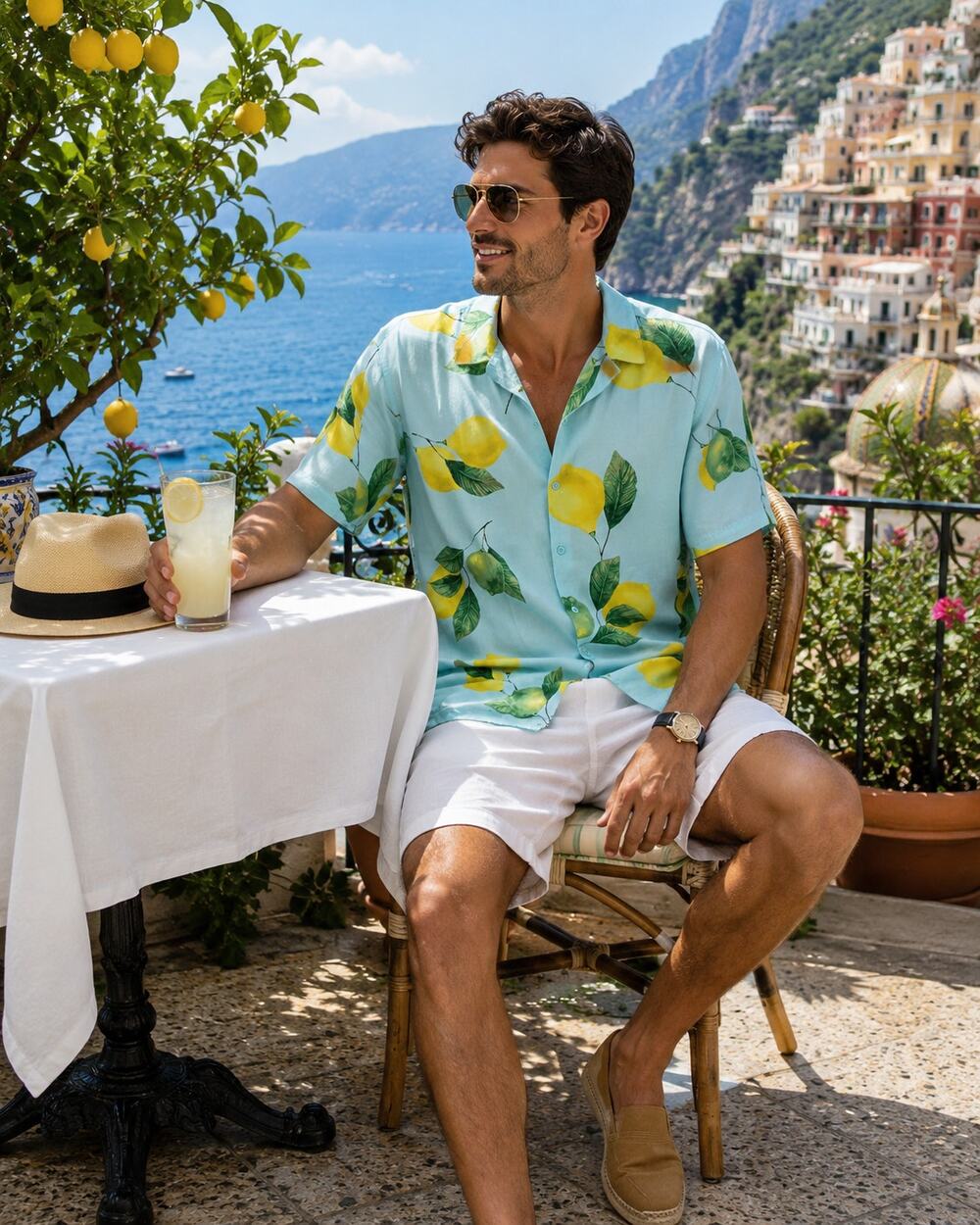 Original Use Lemon Print Rayon Camp Shirt Men's 2XL Tropical Resort Button Up